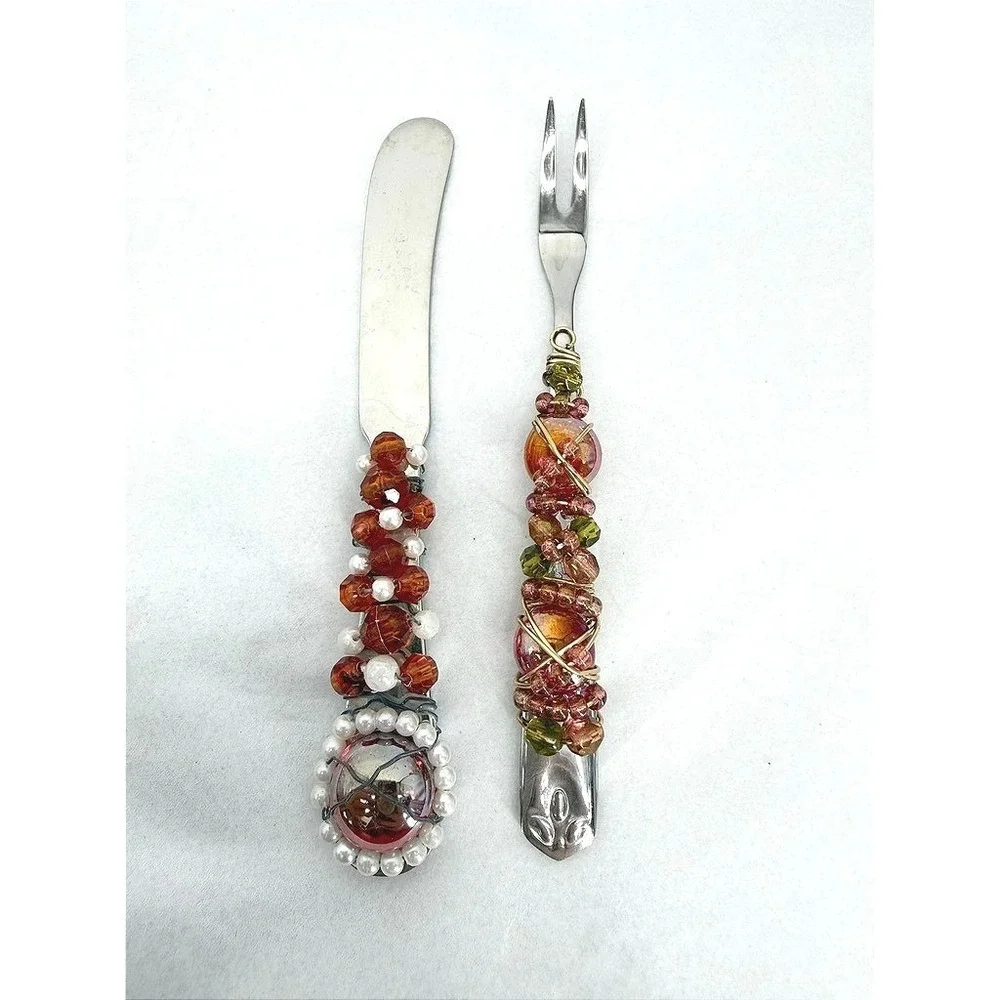 Wire Wrapped Beaded Small Appetizer Knife & Fork Set Stainless Flatware Handmade